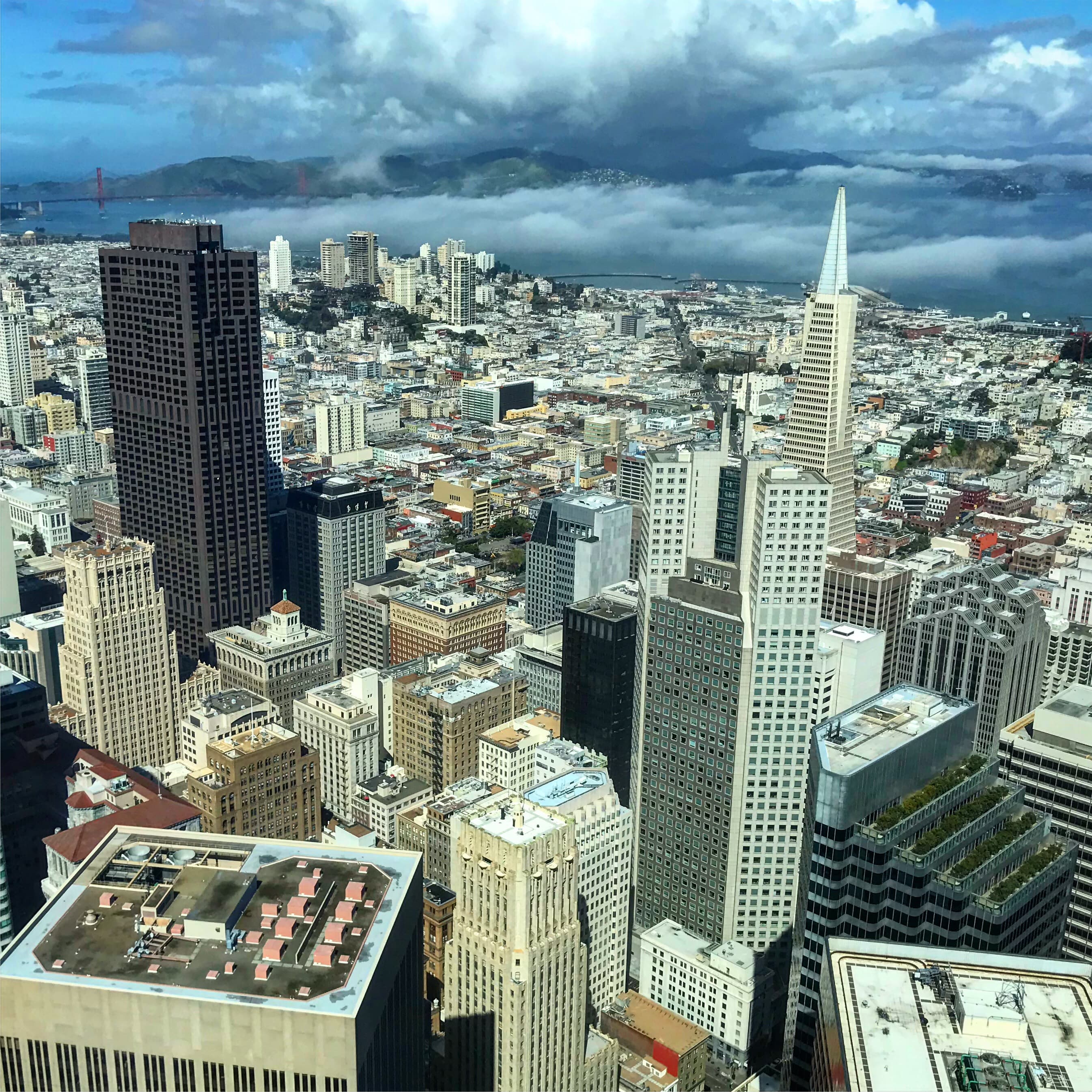 View of downtown San Francisco, SF Bay, and the Golden Gate bridge from the top of Salesforce Tower